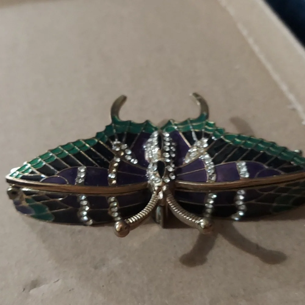 Vintage Butterfly  Inlay Rhinestone Brass Trinket decor Box